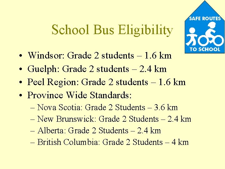 School Bus Eligibility • • Windsor: Grade 2 students – 1. 6 km Guelph: