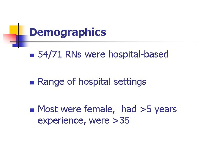 Demographics n 54/71 RNs were hospital-based n Range of hospital settings n Most were