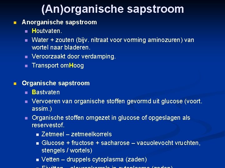 (An)organische sapstroom n Anorganische sapstroom n Houtvaten. n Water + zouten (bijv. nitraat voor