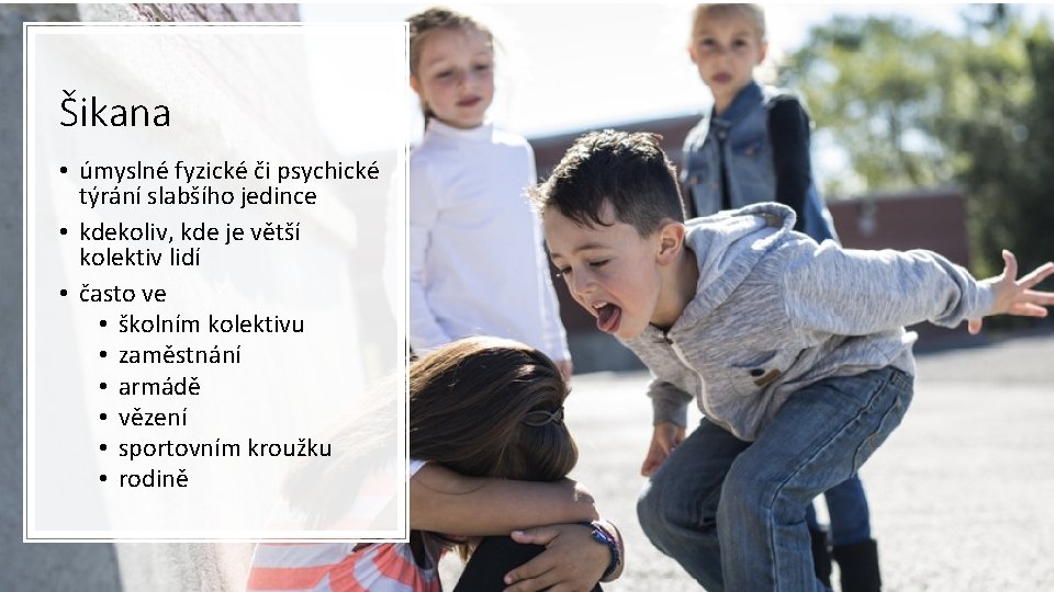 Šikana • úmyslné fyzické či psychické týrání slabšího jedince • kdekoliv, kde je větší