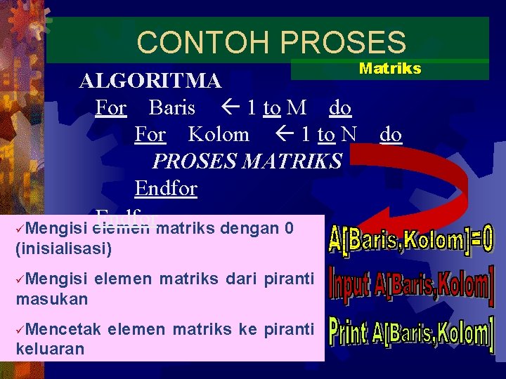 CONTOH PROSES ALGORITMA For Baris 1 to M do For Kolom 1 to N