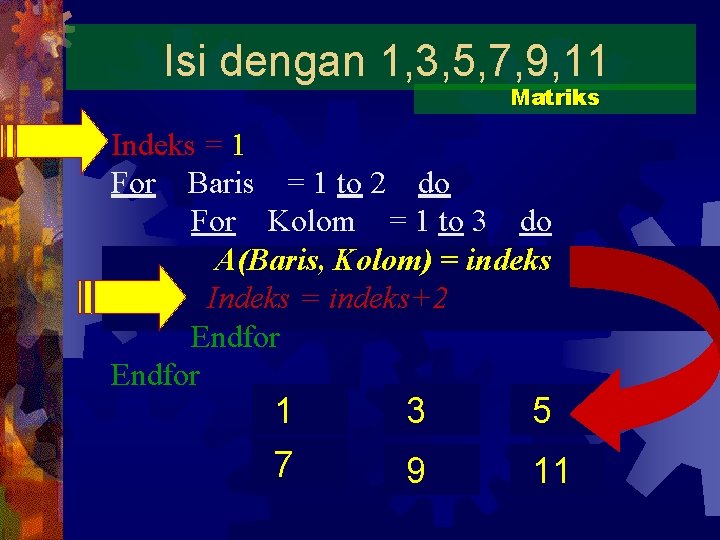 Isi dengan 1, 3, 5, 7, 9, 11 Matriks Indeks = 1 For Baris