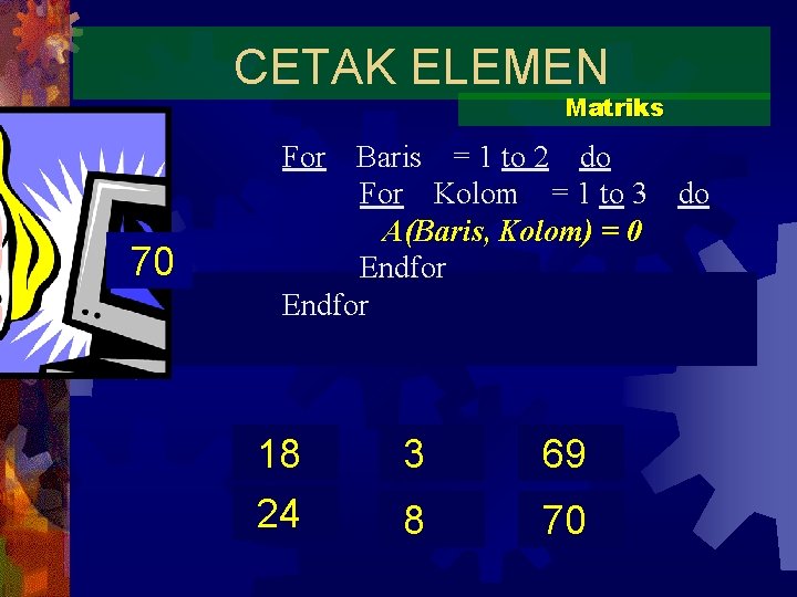 CETAK ELEMEN Matriks For 60 3 18 7 8 24 9 Baris = 1