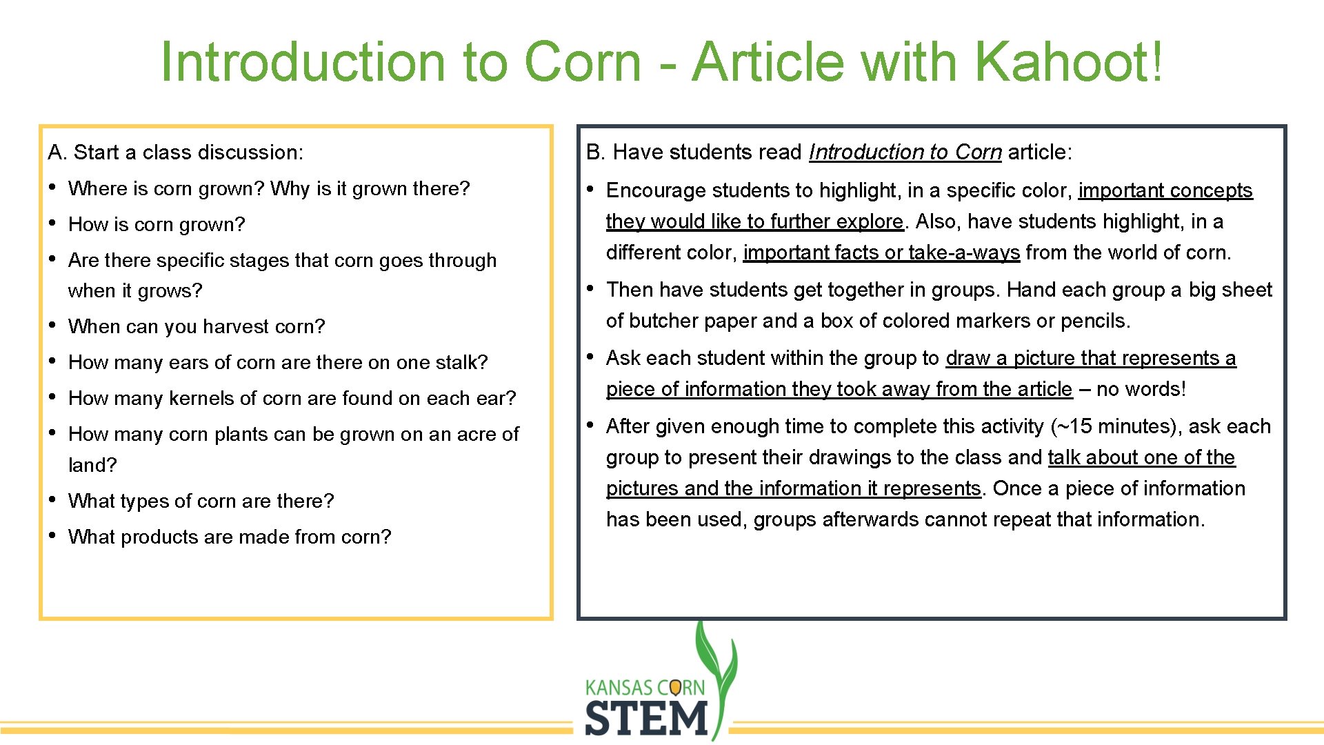 Introduction to Corn - Article with Kahoot! A. Start a class discussion: B. Have