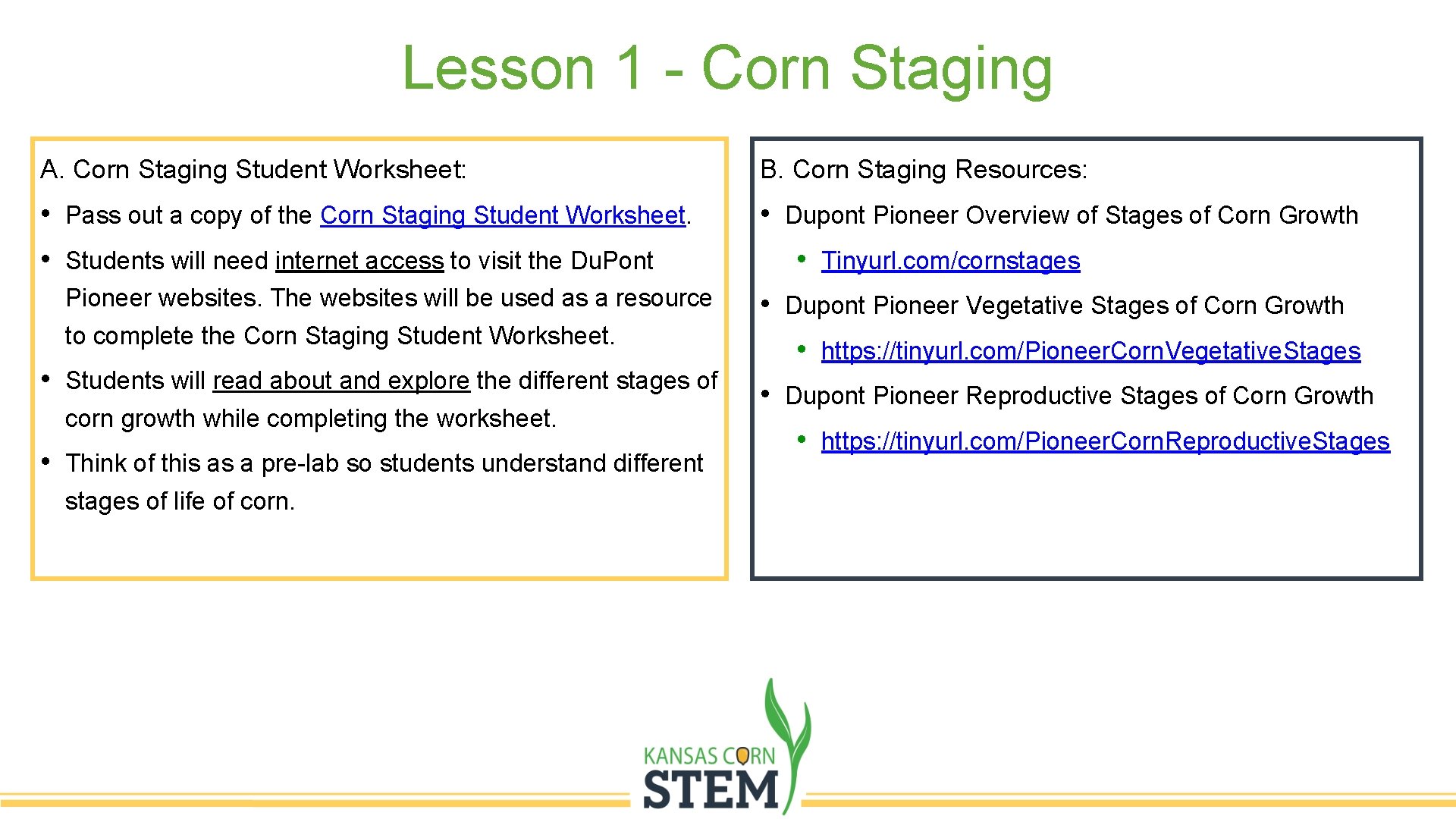 Lesson 1 - Corn Staging A. Corn Staging Student Worksheet: B. Corn Staging Resources: