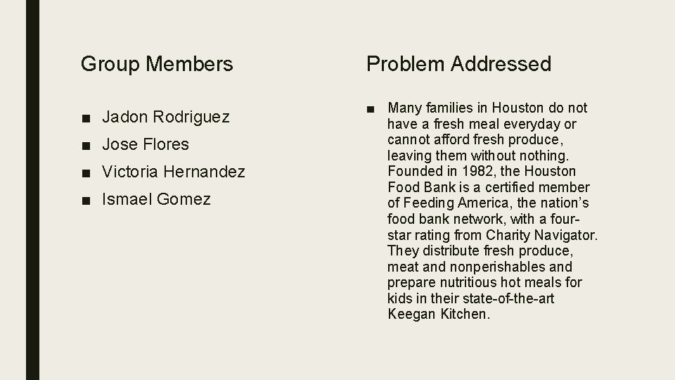 Group Members Problem Addressed ■ Jadon Rodriguez ■ Many families in Houston do not