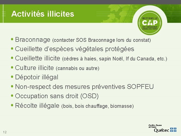 Activités illicites Braconnage (contacter SOS Braconnage lors du constat) Cueillette d’espèces végétales protégées Cueillette Activités illicites Braconnage (contacter SOS Braconnage lors du constat) Cueillette d’espèces végétales protégées Cueillette