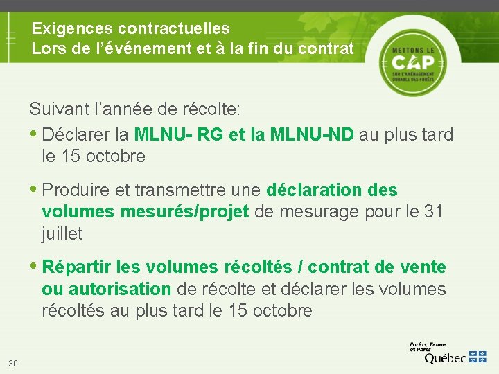 Exigences contractuelles Lors de l’événement et à la fin du contrat Suivant l’année de Exigences contractuelles Lors de l’événement et à la fin du contrat Suivant l’année de