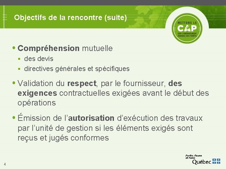 Objectifs de la rencontre (suite) Compréhension mutuelle des devis directives générales et spécifiques Validation