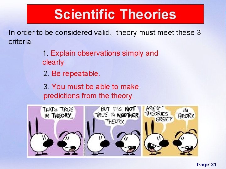 Scientific Theories In order to be considered valid, theory must meet these 3 criteria: