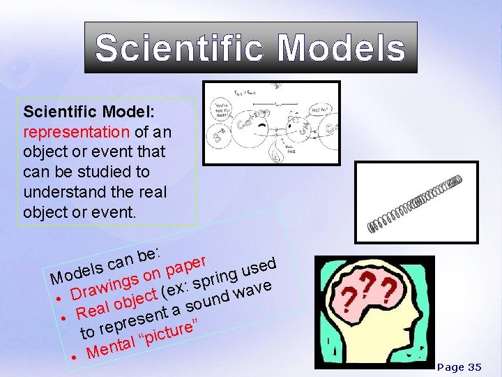 Scientific Models Scientific Model: representation of an object or event that can be studied