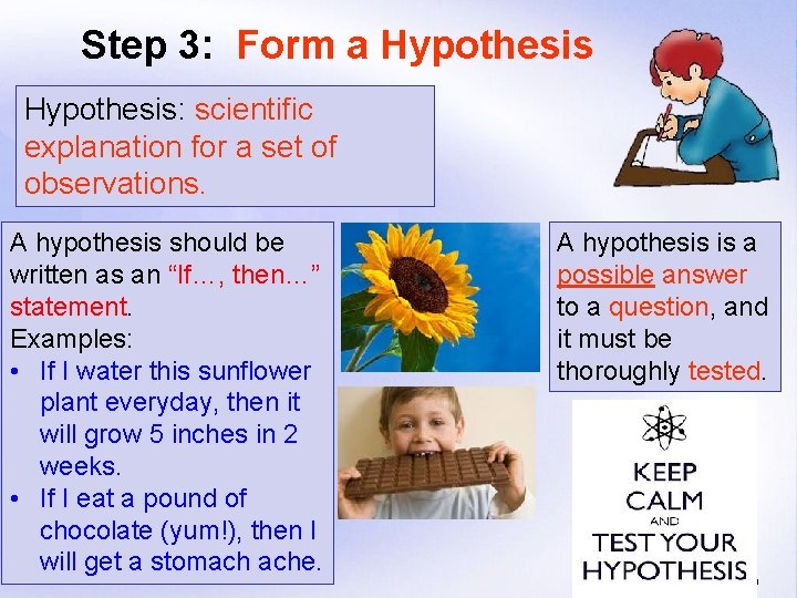 Step 3: Form a Hypothesis: scientific explanation for a set of observations. A hypothesis
