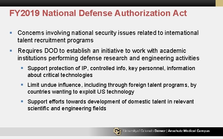 FY 2019 National Defense Authorization Act § Concerns involving national security issues related to