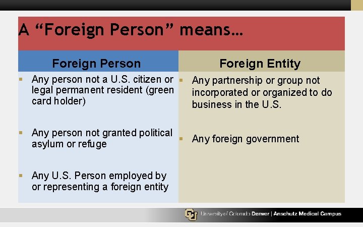 A “Foreign Person” means… Foreign Person Foreign Entity § Any person not a U.