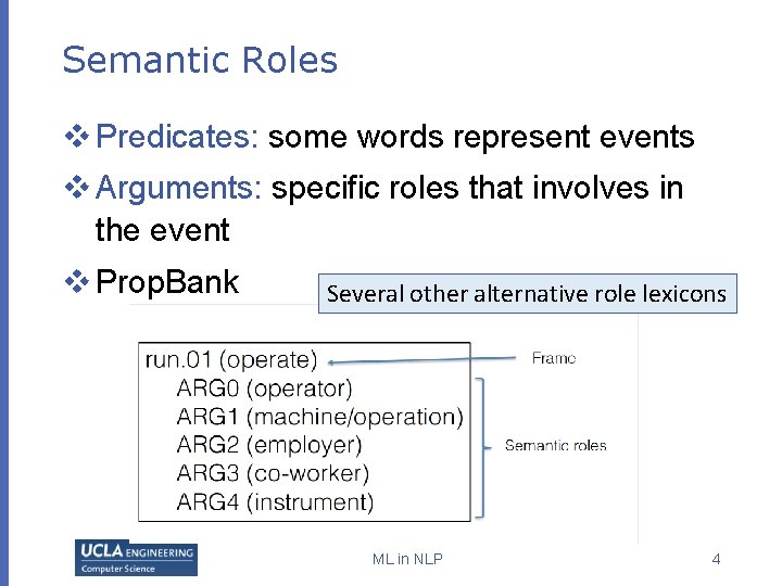 Semantic Roles v Predicates: some words represent events v Arguments: specific roles that involves