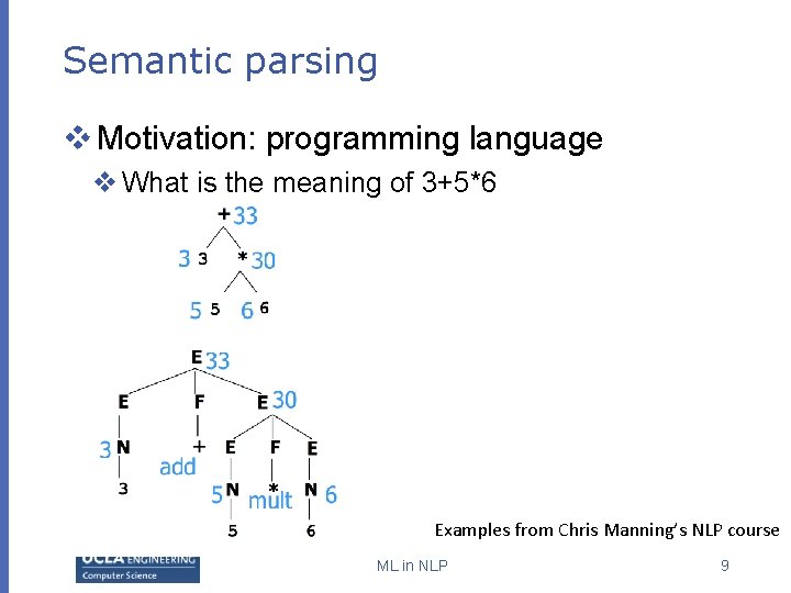 Semantic parsing v Motivation: programming language v What is the meaning of 3+5*6 Examples