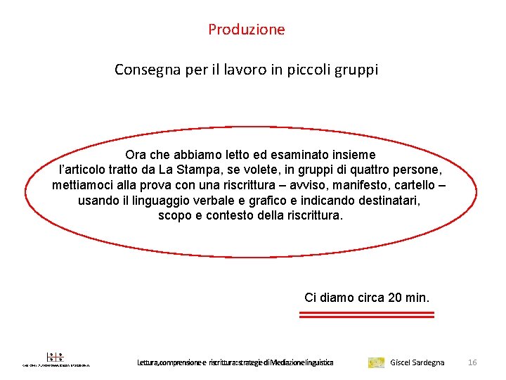 Produzione Consegna per il lavoro in piccoli gruppi Ora che abbiamo letto ed esaminato