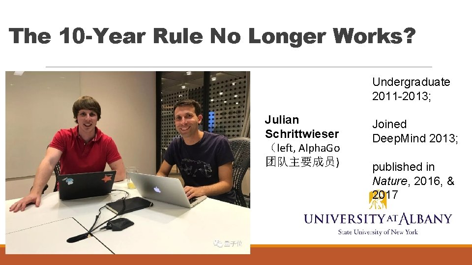 The 10 -Year Rule No Longer Works? Undergraduate 2011 -2013; Julian Schrittwieser （left, Alpha.