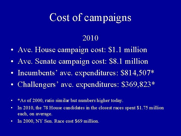 Cost of campaigns • • 2010 Ave. House campaign cost: $1. 1 million Ave.
