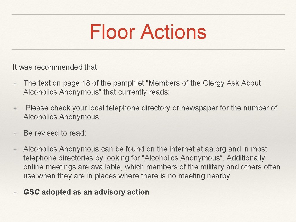 Floor Actions It was recommended that: ❖ ❖ ❖ The text on page 18 Floor Actions It was recommended that: ❖ ❖ ❖ The text on page 18