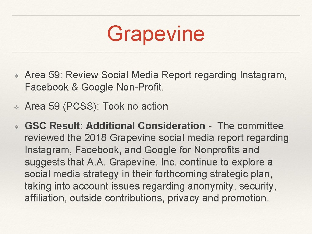 Grapevine ❖ ❖ ❖ Area 59: Review Social Media Report regarding Instagram, Facebook & Grapevine ❖ ❖ ❖ Area 59: Review Social Media Report regarding Instagram, Facebook &