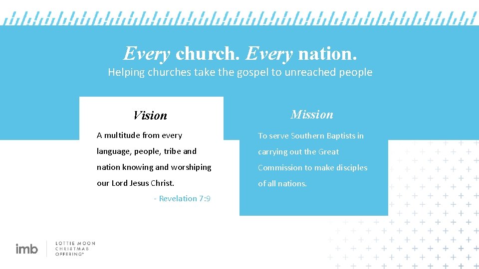 Every church. Every nation. Helping churches take the gospel to unreached people. Vision Mission