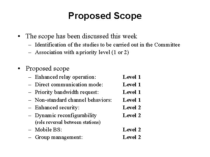 Proposed Scope • The scope has been discussed this week – Identification of the
