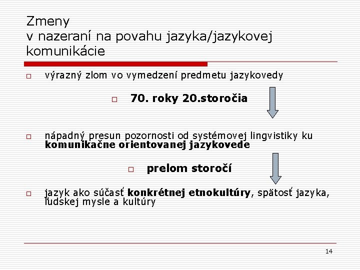 Zmeny v nazeraní na povahu jazyka/jazykovej komunikácie o výrazný zlom vo vymedzení predmetu jazykovedy