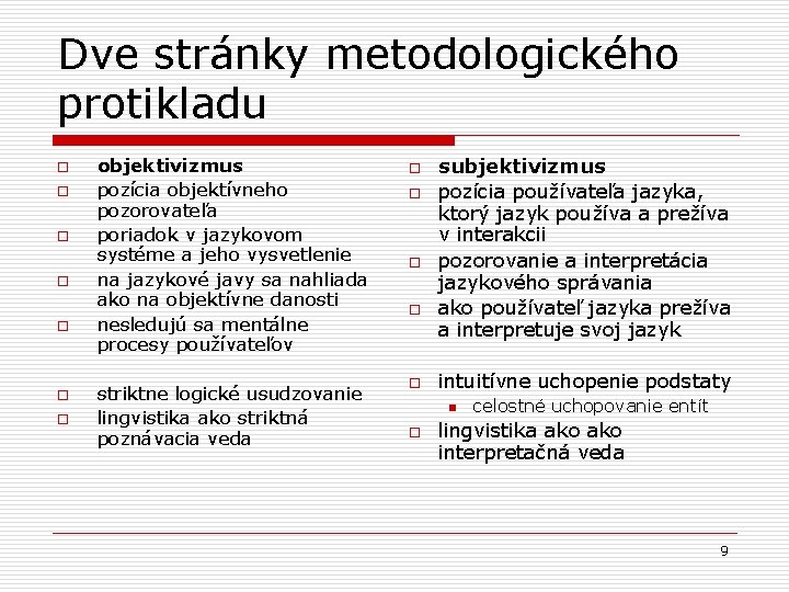 Dve stránky metodologického protikladu o o o objektivizmus pozícia objektívneho pozorovateľa poriadok v jazykovom