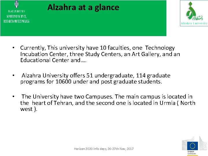 Alzahra at a glance • Currently, This university have 10 faculties, one Technology Incubation