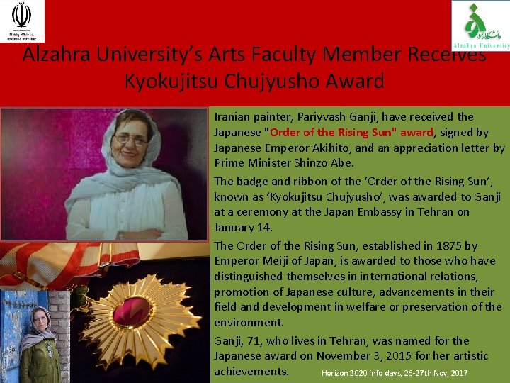 Alzahra University’s Arts Faculty Member Receives Kyokujitsu Chujyusho Award Iranian painter, Pariyvash Ganji, have