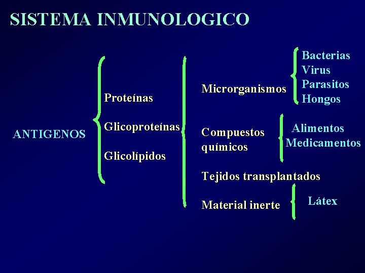 SISTEMA INMUNOLOGICO Proteínas ANTIGENOS Glicoproteínas Glicolípidos Microrganismos Compuestos químicos Bacterias Virus Parasitos Hongos Alimentos SISTEMA INMUNOLOGICO Proteínas ANTIGENOS Glicoproteínas Glicolípidos Microrganismos Compuestos químicos Bacterias Virus Parasitos Hongos Alimentos