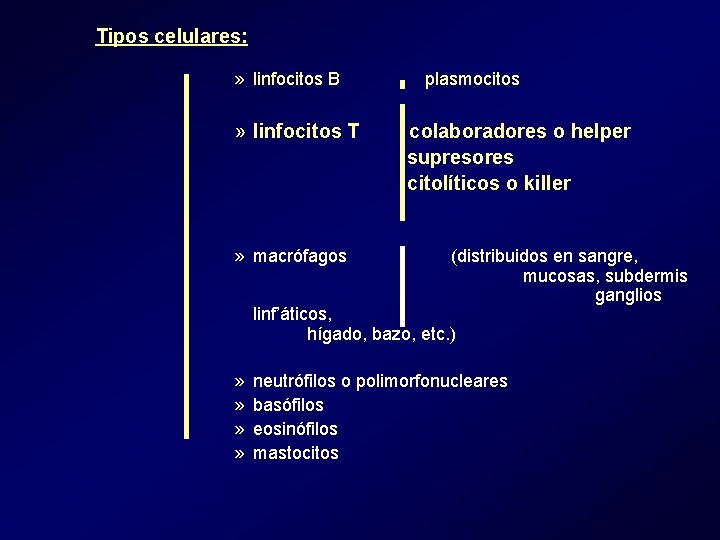 Tipos celulares: » linfocitos B » linfocitos T » macrófagos plasmocitos colaboradores o helper Tipos celulares: » linfocitos B » linfocitos T » macrófagos plasmocitos colaboradores o helper