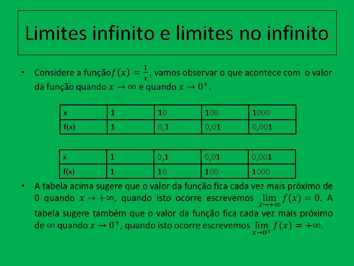 Limites infinito e limites no infinito • x 1 10 1000 f(x) 1 0,