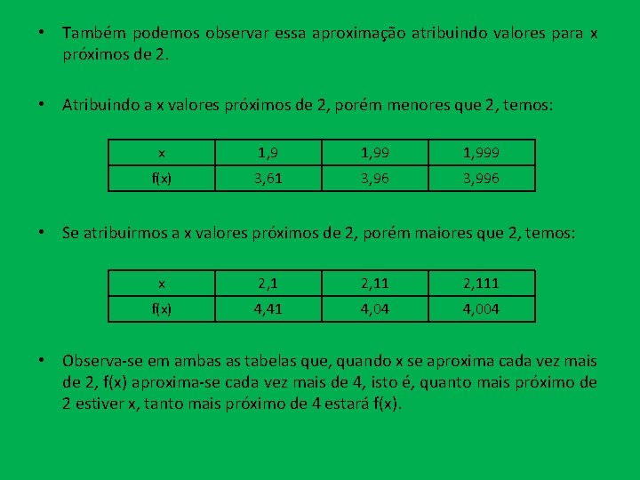  • Também podemos observar essa aproximação atribuindo valores para x próximos de 2.