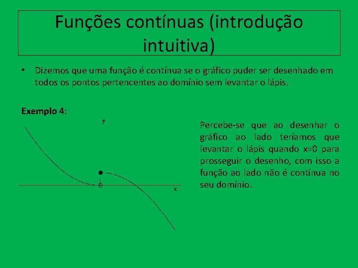Funções contínuas (introdução intuitiva) • Dizemos que uma função é contínua se o gráfico
