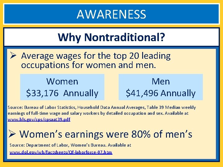 AWARENESS Why Nontraditional? Ø Average wages for the top 20 leading occupations for women