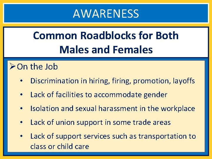 AWARENESS Common Roadblocks for Both Males and Females ØOn the Job • Discrimination in