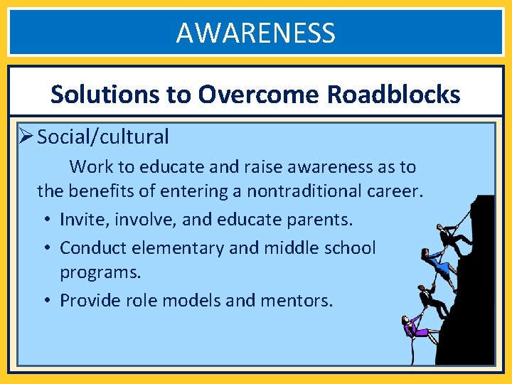 AWARENESS Solutions to Overcome Roadblocks Ø Social/cultural Work to educate and raise awareness as