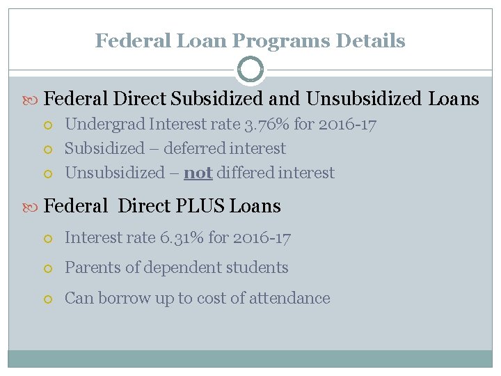 Federal Loan Programs Details Federal Direct Subsidized and Unsubsidized Loans Undergrad Interest rate 3.