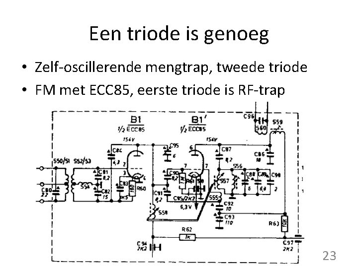 Een triode is genoeg • Zelf-oscillerende mengtrap, tweede triode • FM met ECC 85,