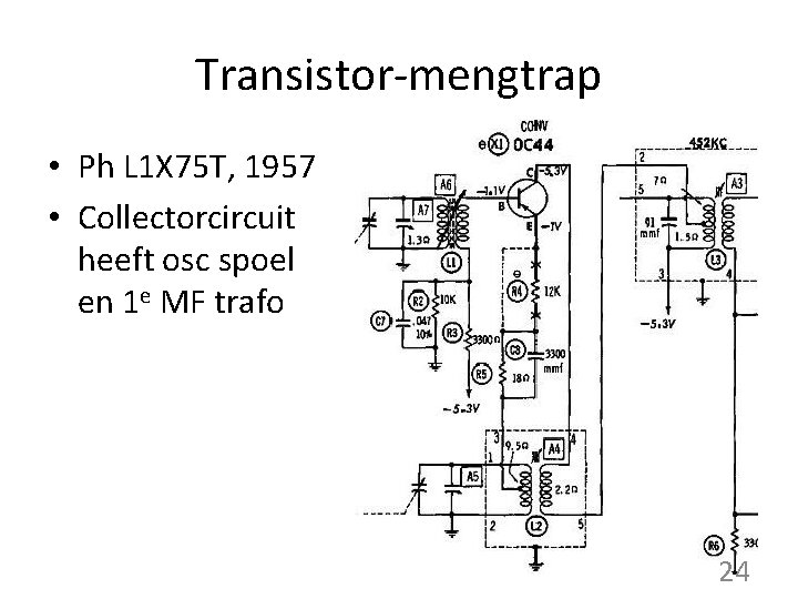 Transistor-mengtrap • Ph L 1 X 75 T, 1957 • Collectorcircuit heeft osc spoel