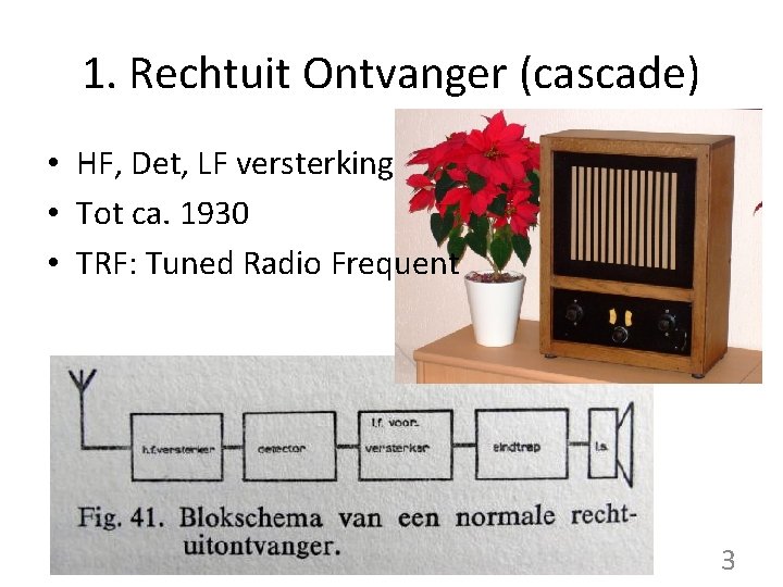 1. Rechtuit Ontvanger (cascade) • HF, Det, LF versterking • Tot ca. 1930 •