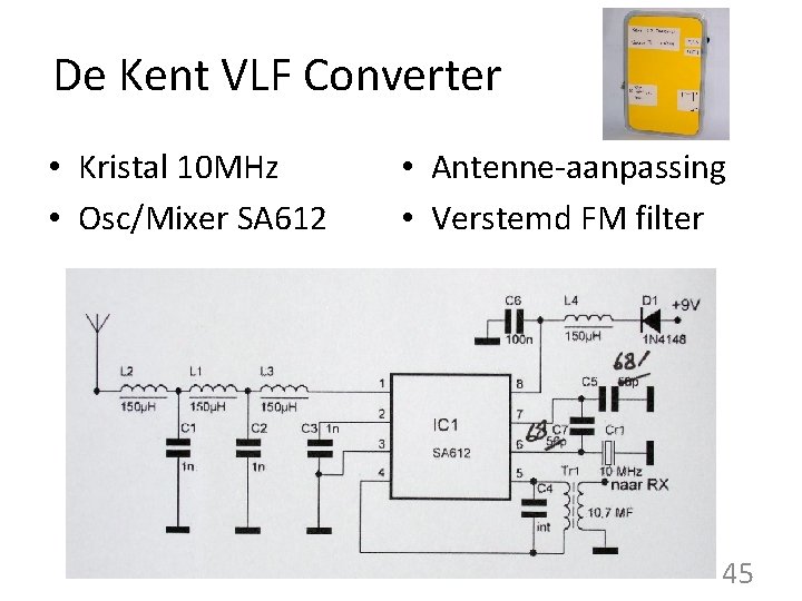 De Kent VLF Converter • Kristal 10 MHz • Osc/Mixer SA 612 • Antenne-aanpassing