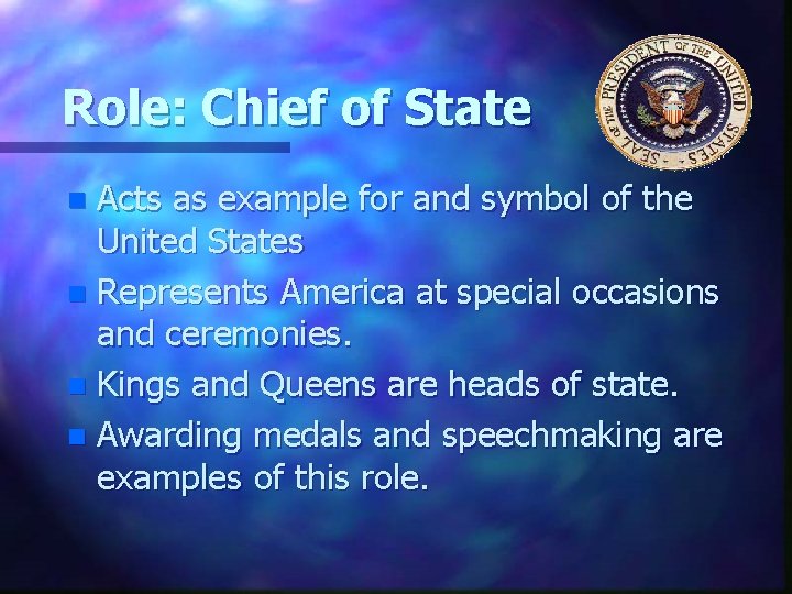 Role: Chief of State Acts as example for and symbol of the United States