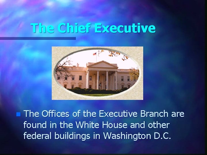The Chief Executive n The Offices of the Executive Branch are found in the