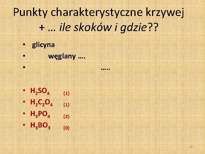 Punkty charakterystyczne krzywej + … ile skoków i gdzie? ? • glicyna • węglany