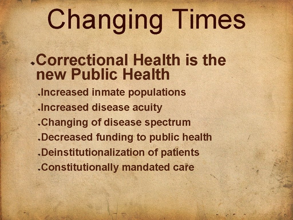 Changing Times Correctional Health is the new Public Health Increased inmate populations Increased disease
