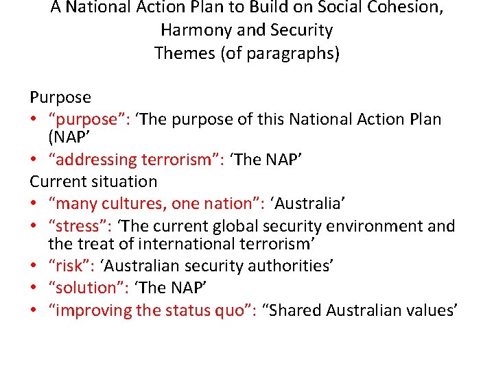A National Action Plan to Build on Social Cohesion, Harmony and Security Themes (of
