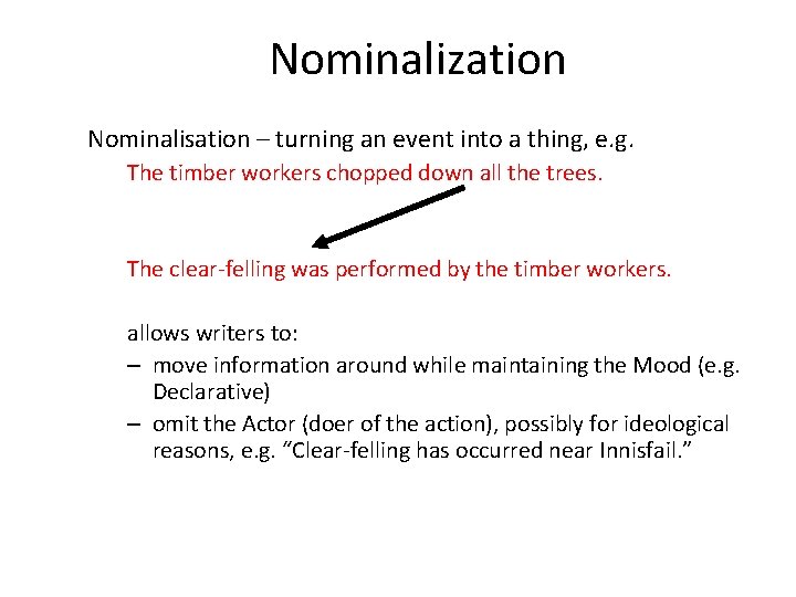 Nominalization Nominalisation – turning an event into a thing, e. g. The timber workers